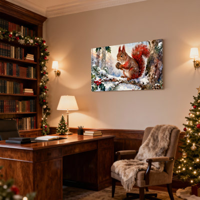 «Christmas Winter Squirrel Snowy Branch Pinecone Holly», ensemble de 3 reproductions d'art sur toile