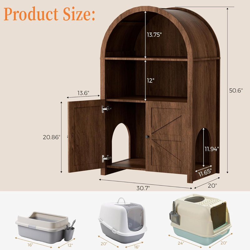 Farmhouse Cat Litter Box Enclosure, Walnut Arched Cabinet with Dual Side Entry & 2 Open Shelves