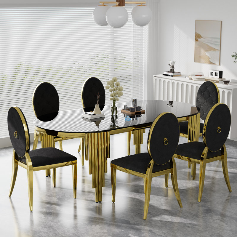 Ensemble de table de salle à manger rectangulaire en verre trempé avec chaise Luxtury, Noir, 7