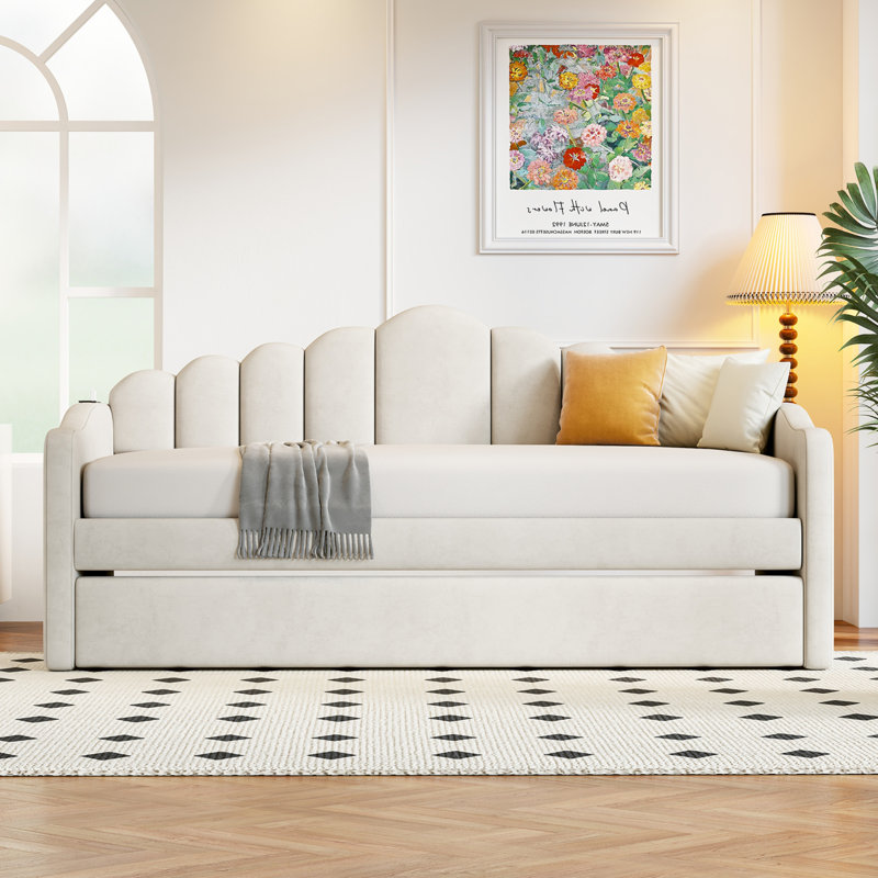 Twin Upholstered Velvet Daybed with Trundle & USB Charging, Space-Saving Beige Sofabed