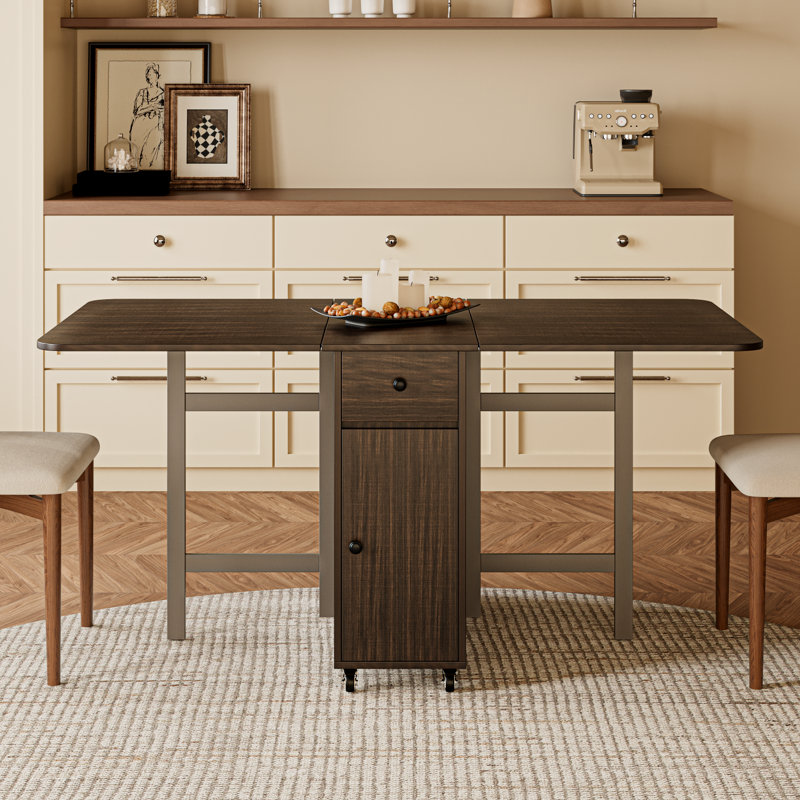 Aucune table d'assemblage requise, table de salle à manger pliante en noyer de 57 po pour petits espaces, table à rallonge rectangulaire en bois à rallonge avec roues verrouillables et rangement pour la cuisine, le salon et la salle à manger