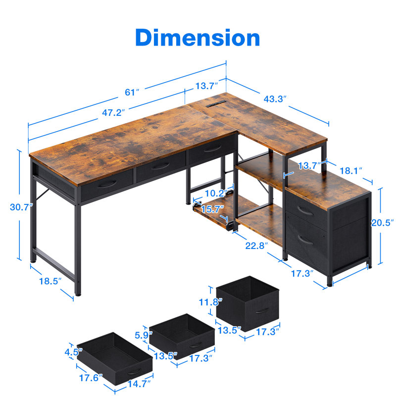 Home Office Desk With File Drawer & Power Outlet, Computer Desk With 3 Drawer, Storage Shelves, Corner Desk With Printer Cabinet