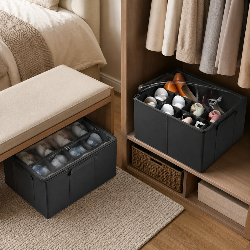 Range-chaussures pour garde-robe - paquet de 2 bacs de rangement pliables pour chaussures avec séparateurs réglables, pour 16 à 32 paires