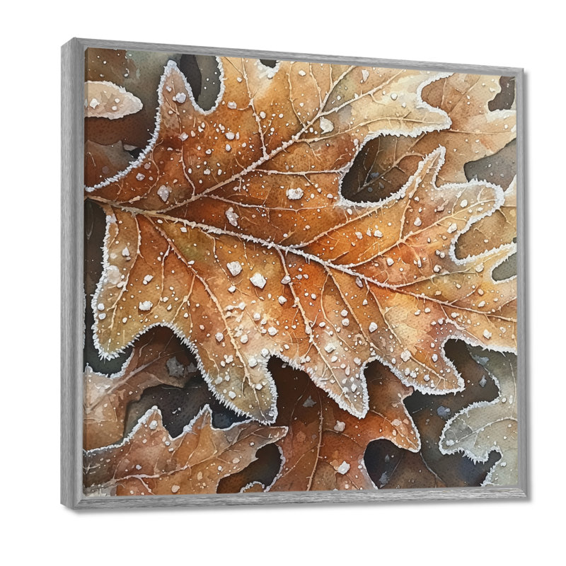 Frosty Oak Leaf III - feuilles, art mural, H 16 po x l 16 po, Impression encadrée flottante, Argent