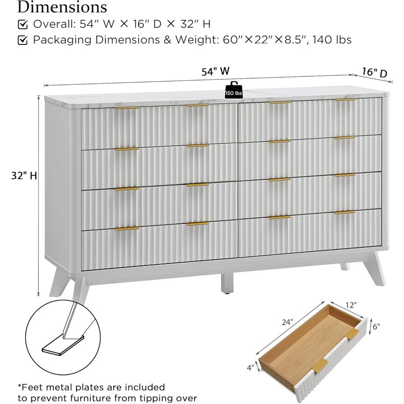 8-Drawer Fluted Dresser With Faux Marble Top & Triple-Room Storage, White