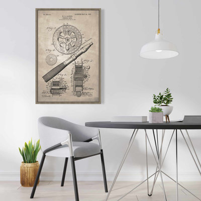 Beige Living Room Canvas | Vintage Fishing Reel Blueprint