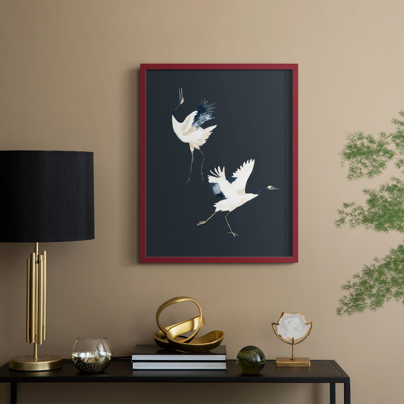 Cranes on Indigo II, reproduction encadrée - bois massif, H 15 po x l 12 po, Rouge