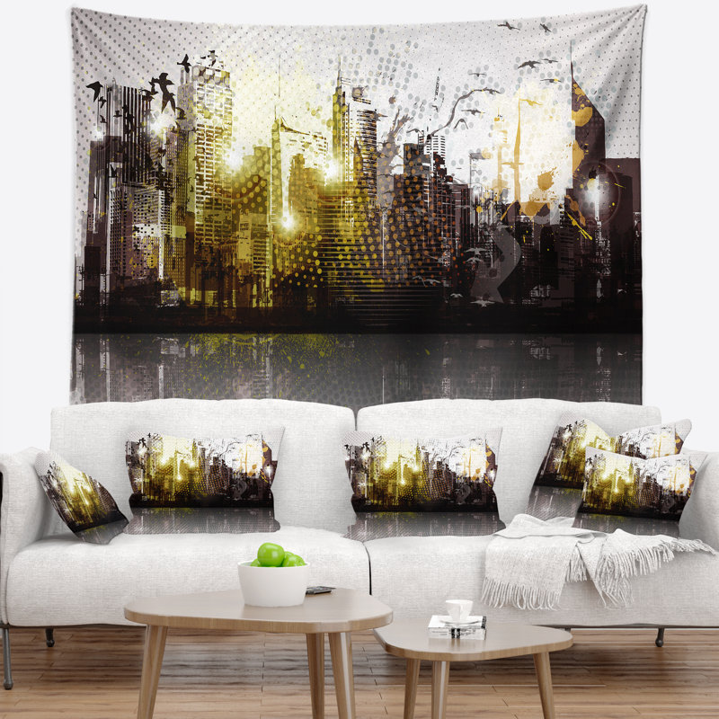 Tapisserie panorama cityscape grunge city, H 50 po x l 60 po
