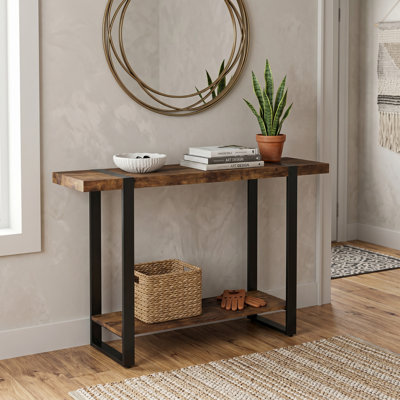 Table de hall d'entrée à 2 niveaux, consoles pour vestibule, utilisation comme table de porte, table de canapé ou meuble d'appoint pour la décoration du vestibule 47 en bois récupéré brun aspect métal noir