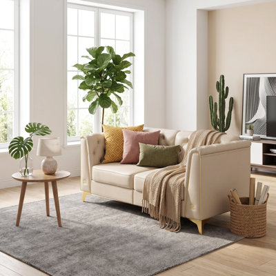 Causeuse Chesterfield de 61,8 po de hauteur, canapé 2 places en similicuir avec capitonnage à boutons, accoudoirs garnis de métal et pieds fuselés, comprend 2 coussins pour le salon et l’appartement