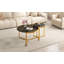 Ensemble de deux tables basses gigognes rondes au style glamour moderne, avec structure en métal doré et plateaux en verre noir.-1282441092-1282441094