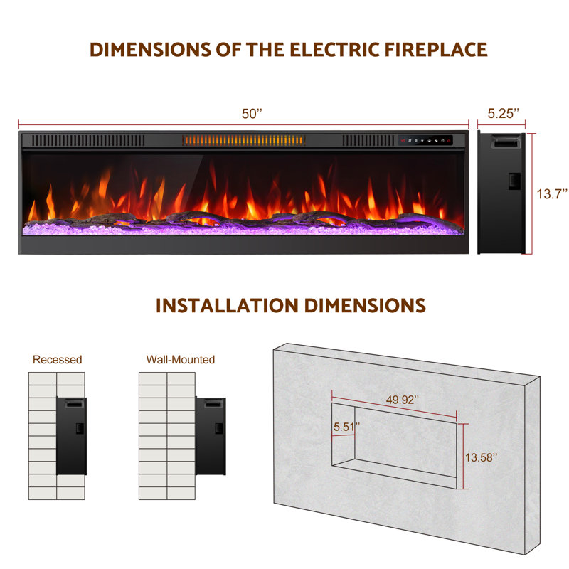 50" Ultra-narrow Bezel Electric Fireplace Heater - Modern Thin Design, Wall/recessed Mount, 12 Multicolored Flames, Smart App & Remote Control, Crystal/driftwood Kits, Timer