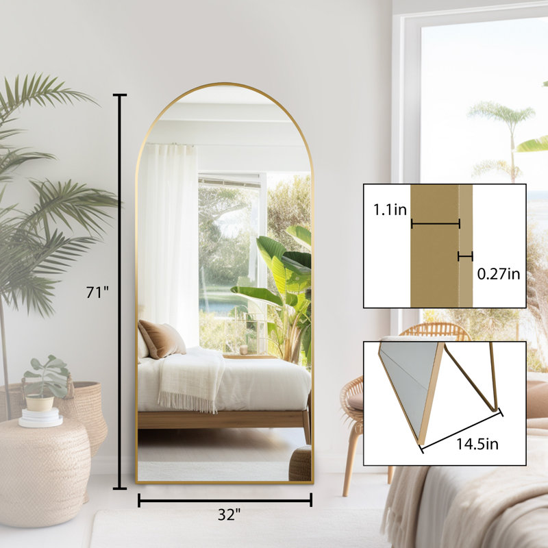  Arched Full-Length Floor Mirror with Aluminum Alloy Frame, Shatter-Resistant Glass, Freestanding or Wall Mounted, 71" x 32"