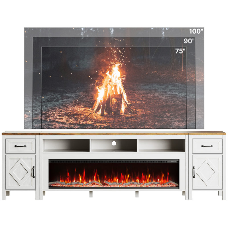 98 Inch Fireplace Tv Stand For Tvs Up To 100 Inch,farmhouse Entertainment Center With 60" Electric Fireplace,white Tv Console With Storage Cabinets And Drawers For Living Room