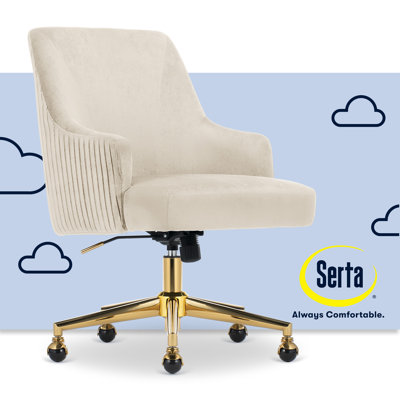 Serta Scarlett Mid-Back Desk Chair, Pleated Velvet Fabric, Pocket Coil Cushion, Swivel Metal Base