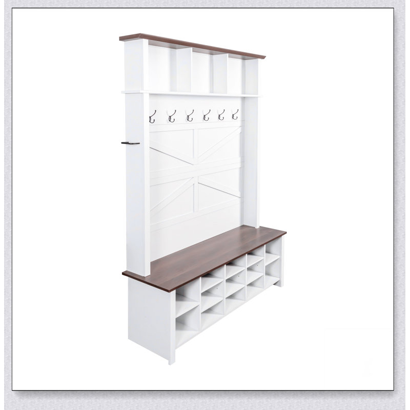 Farmhouse 4-in-1 Hall Tree with 6 Hooks, Adjustable Shelves, and 16 Open Compartments for Entryway and Mudroom, White