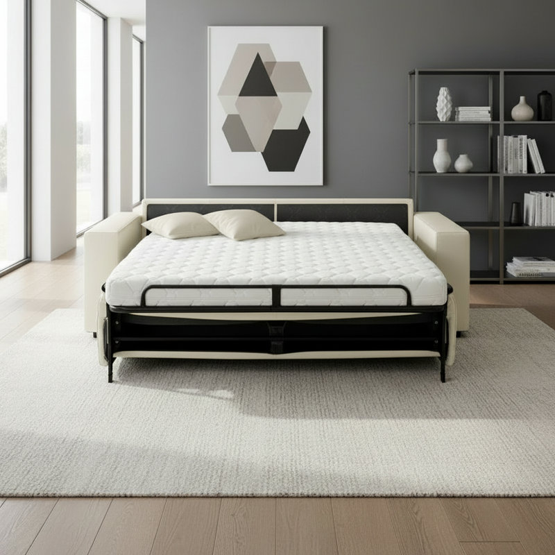 Cappella Italian 85" Genuine Top Grain Leather Queen Wide Arm Pull Out Sleeper Sofa Bed with Memory Foam Mattress