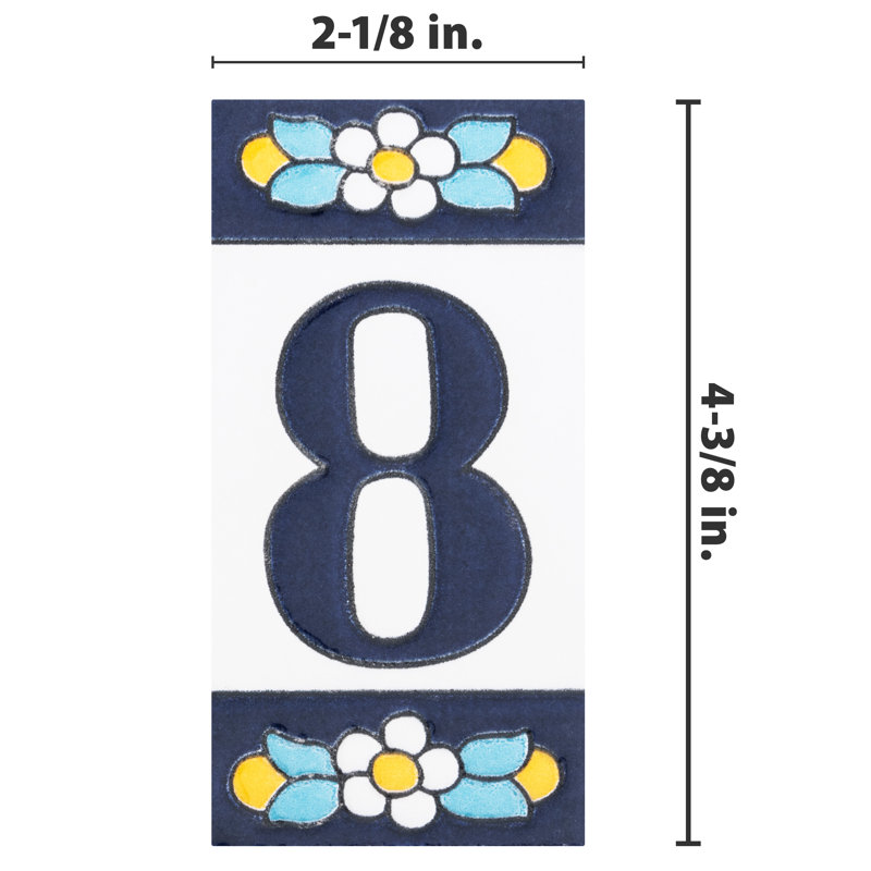 Sevillano 2.13" x 4.38" Ceramic Floral Address Number Wall Tile in White/Blue