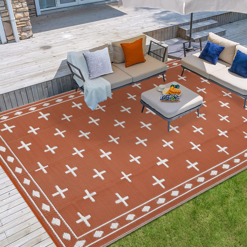 Geometric Reversible Outdoor Rug Waterproof Plastic Straw Patio Carpet for Deck, Porch, Garden, Camping, Balcony, RV, Beach, Picnic
