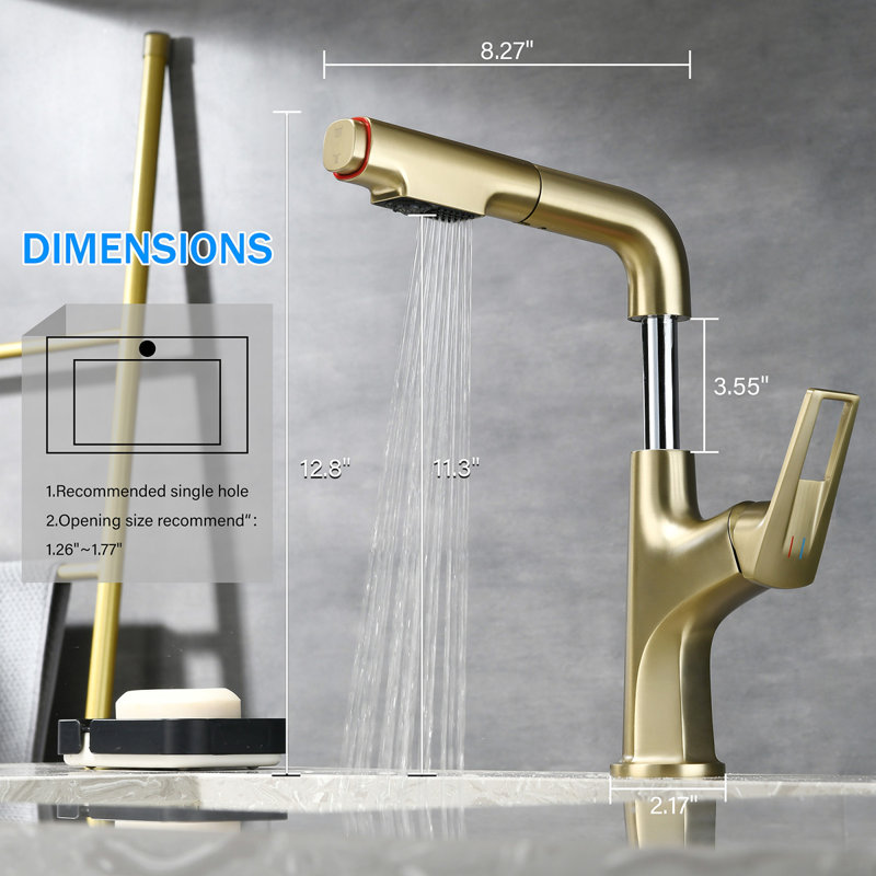 ​​Pull-Down Vessel Faucet - Single Hole Bathroom Sink Faucet With Lift Spout & Dual Spray Modes​, Brushed Gold