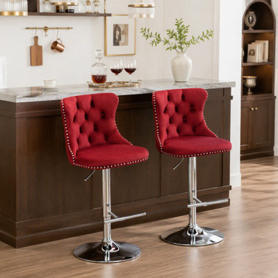 Tabourets de bar rotatifs à hauteur réglable en métal bourgogne avec repose-pieds