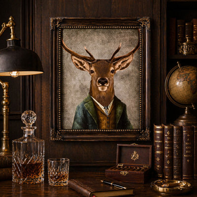 Deer in Suit Portrait Bronze Ornate Framed Wall Art, Vintage Gentlemen's Bar Theme Decor - 17" x 13.75"