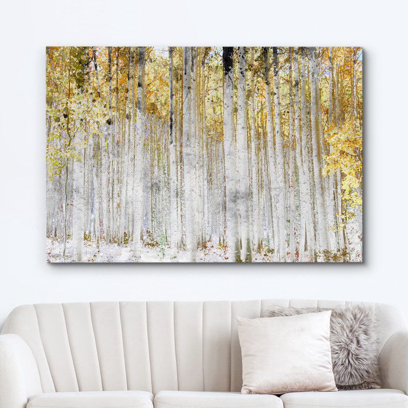 Aspen Birch Autumn Fall White Birch Tree Forest with Yellow Leaves Nature Landscape Rustic on Canvas, Toile tendue