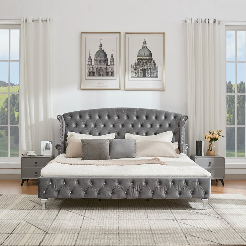 Velora Velvet Upholstered Wingback Platform Bed, Dark Gray