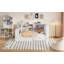 Lit plateforme simple en bois avec tablettes de rangement, tiroirs, station de charge, DEL, bureau et tête de lit tapissier, coussin blanc et beige