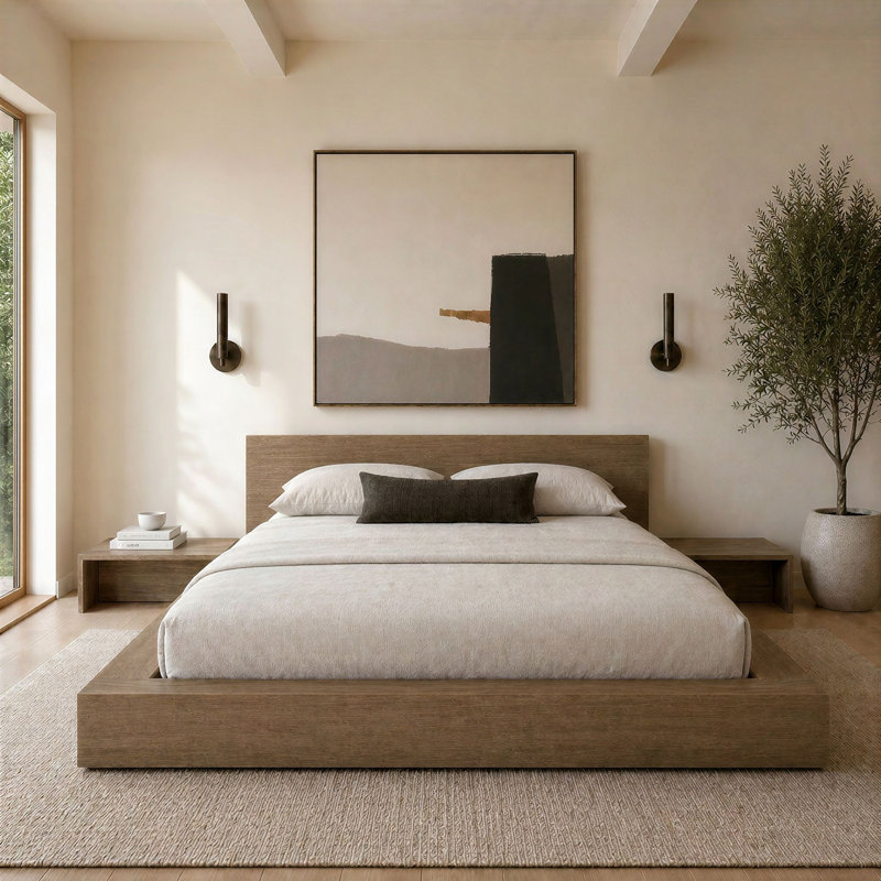 Ensemble de chambre avec lit plateforme 3 pièces Makoa, Brun, Grand lit
