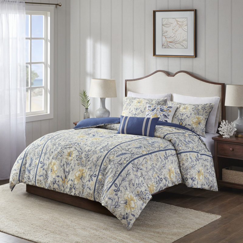 Livia Cotton Percale Botanical Duvet Cover Set, King Duvet Cover + 2 Shams + 2 Throw Pillows
