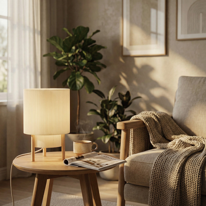 10" Modern Drum Table Lamp With Fabric Shade & Wooden Base, E12 Socket, Dimmable Switch With Color Temperature Control, Accent Lamp For Bedroom, Living Room & Hotel Use