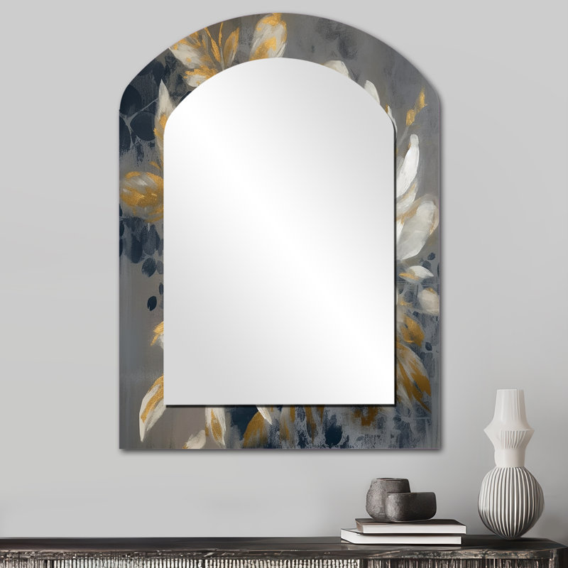 Emotions Of White Gold Peony Flower II - Peonies Asymmetrical Mirror, White Arch Unique Wall Mirror, Printed Metal Art