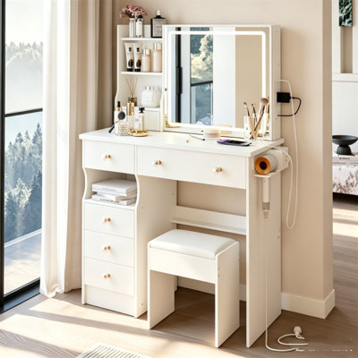 Ensemble de grande coiffeuse 31 po x 20 po à DEL avec tabouret rembourré, miroir à intensité variable 3 couleurs à commande tactile, coiffeuse compacte et spacieuse avec rangement pour les petits espaces