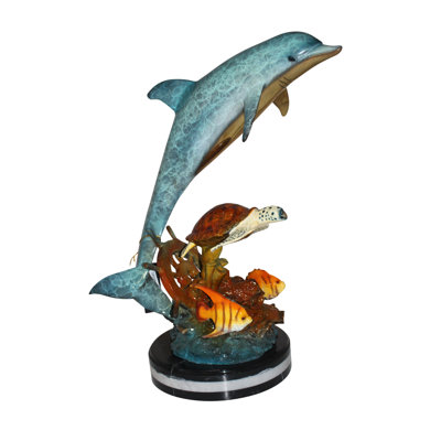 Stunning Dolphin, Turtle & 2 Fish Bronze Statue - Boxborough Unique Garden Sculpture, 18"Lx16"Wx25"H