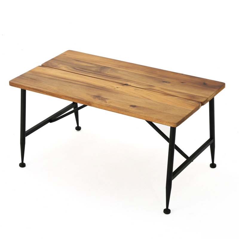 Industrial Coffee Table For Outdoor Area - Wood With Antique Effect Finish, Black Metal Frame, Patio Vintage Base, Weather- Furniture