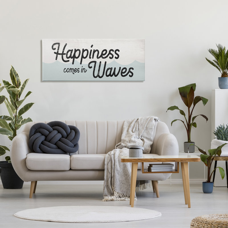 «Happiness Comes In Waves», phrase «Blue Ocean Waves», Toile tendue, H 20 po x l 48 po