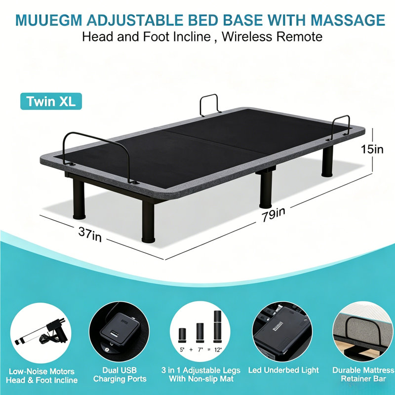  Zero Gravity Adjustable Bed Frame With Massage & Wireless Remote Control - Anti-Snore, USB Ports, LED Light, Twin