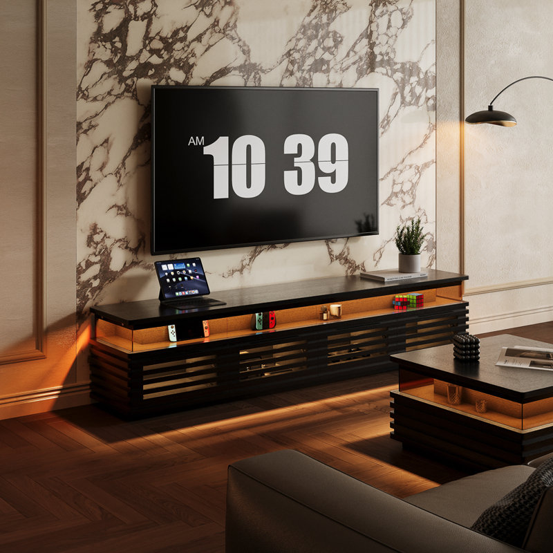 Meuble télé 79 po à lattes horizontales avec lumières DEL réglables, console multimédia moderne Mid-Century, rangement ventilé, noir, pour téléviseur de 65 à 75 po, entièrement assemblé
