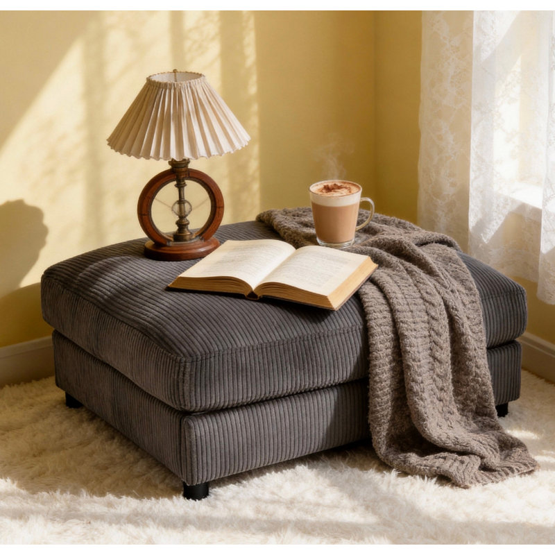 Corduroy Upholstered Rectangle Ottoman, Dark Gray