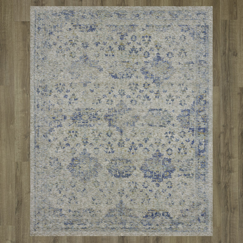 Tapis oriental bleu en polyester tissé à la machine Witsand, Rectangle de 5 pi x 8 pi