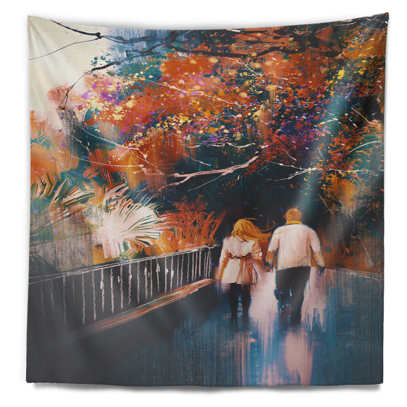 Paysage couple marchant tenant la main tapisserie, H 50 po x l 60 po
