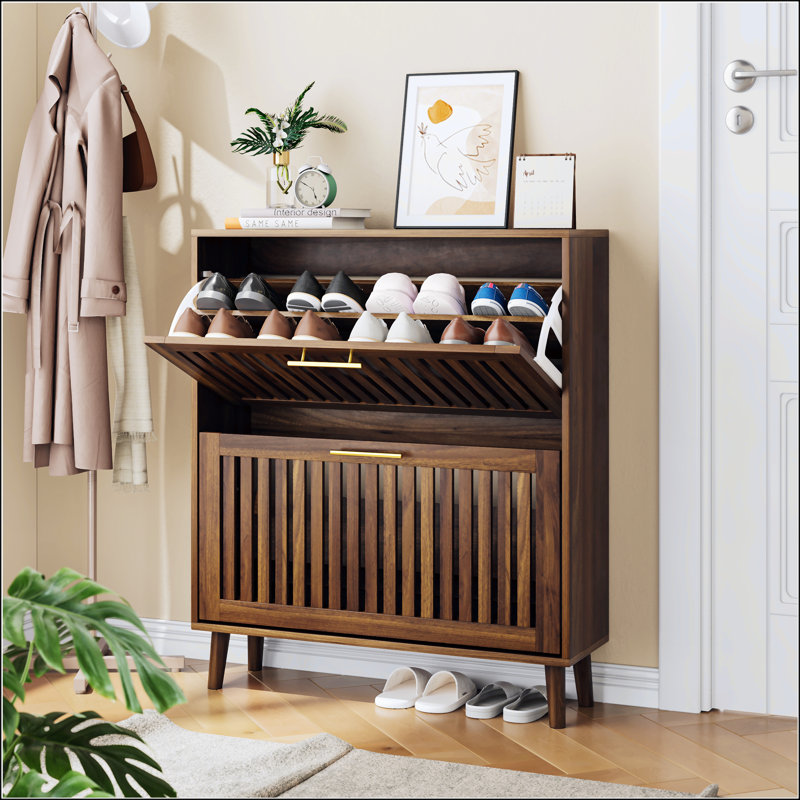 31.5-Inch Walnut Shoe Storage Cabinet With 2 Flip Drawers, Farmhouse Design For Corridors And Entrances