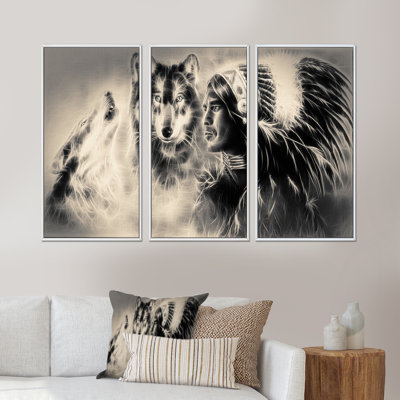 " Indian Warrior With Wolves " 3 - Pieces