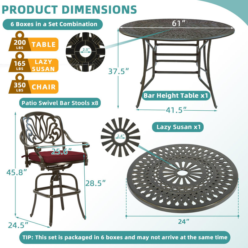  10-Piece Outdoor High Patio Dining Set, Free-Rust Cast Aluminum Patio Bar Table And Chairs Set, Includes 8 Swivel Bar Stools & 61" Bar Height Dining Table W/ 24" Lazy Susan, Umbrella Hole
