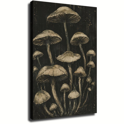 Dark Antique Mushroom Cluster Illustration, Vintage Botanical Print Canvas Wall Decor For Dark Cottagecore Interior