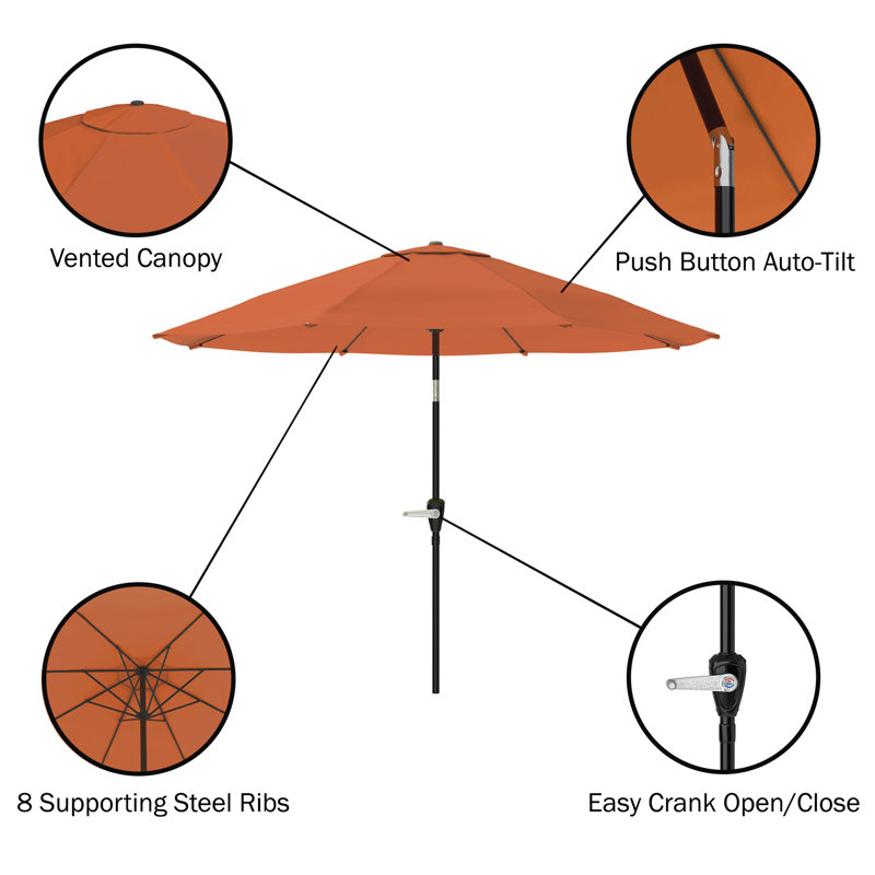 Arjay 8 Pc Patio Dining Set Wood One 63" Table Chairs With Cushions And 1 10-Foot Tilt Umbrella, Light Orange, 6