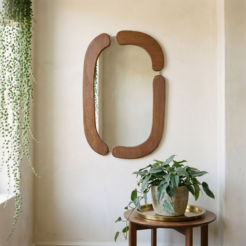 Miroir mural ovale à cadre en bois et segments incurvés divisés