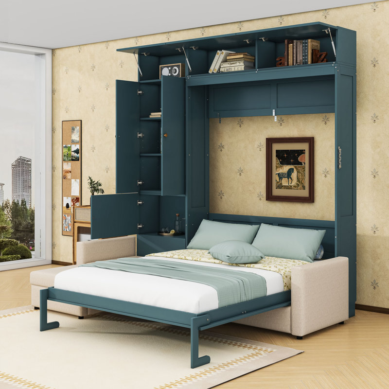 Grand lit escamotable avec canapé en L intégré et tablettes de rangement, Beige