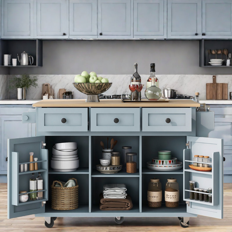 Kitchen Island With Drop-leaf Countertop, 5 Wheels, Storage Cabinet, Open Shelves And 3 Drawers, Blue